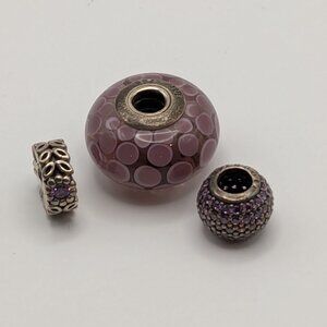 Retired Large Pandora Purple Murano Glass and two matching purple spacers